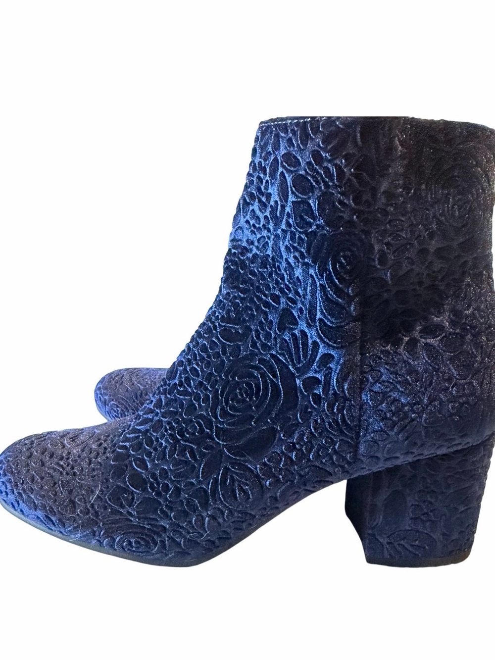 Eva & Zoe Blue Velvet Floral Embossed Ankle Boots - Women's Never Worn